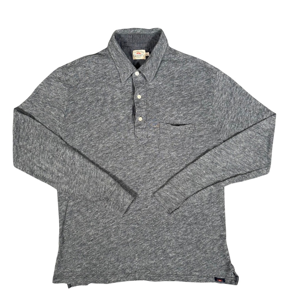 Faherty Brand Polo Shirt Mens Medium Gray Cotton Slub Long Sleeve Pocket Heather